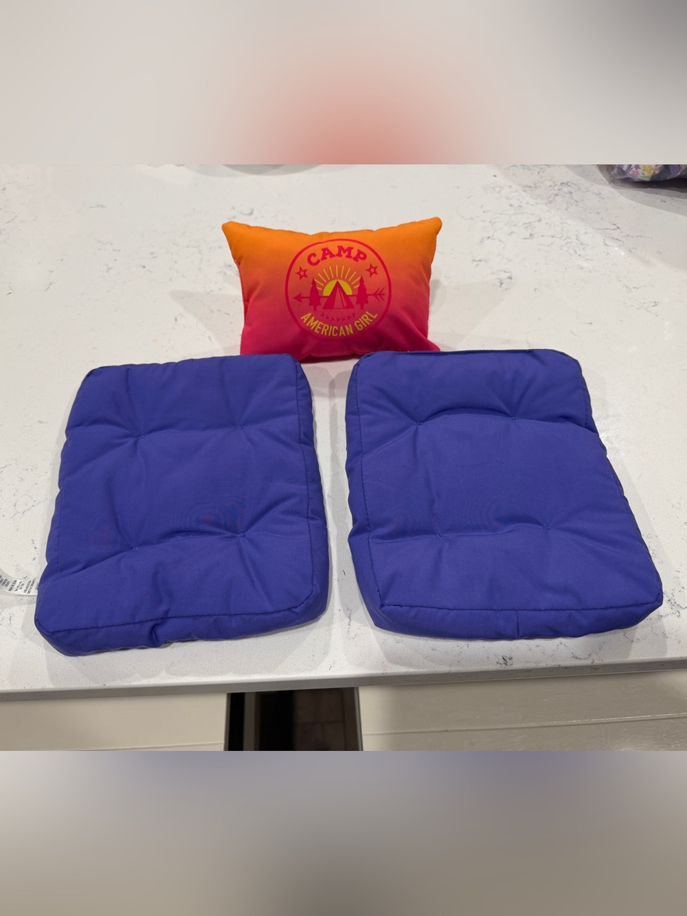 American Girl Camp Hangout ombre pillow and two purple cushions